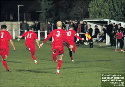  ?? PICTURE: CHRIS CHAMBERS ?? Consett’s players and bench celebrate against Whickham