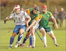  ?? Photograph Neil Paterson. ?? Scotland’s Finlay MacRae uses his leg to break a hurley.