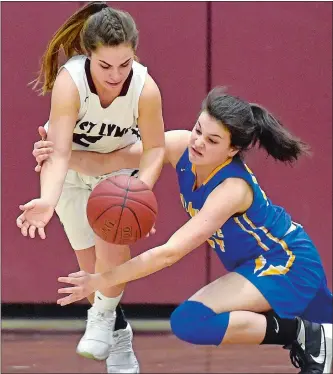  ?? TIM MARTIN/THE DAY ?? East Lyme’s Sophie Dubreuil, left, steals the ball from Rockville’s Chloe Scheff during the first half of Tuesday’s Class L first-round game. The Vikings rolled into the second round with a 41-20 win.