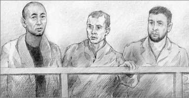  ?? ALEX TAVSHUNSKY FOR THE TORONTO STAR ?? Mountaz Ibrahim, left to right, Brian Deganis and Jeffrey Hall appeared in court yesterday, charged in Paul Croutch’s death.