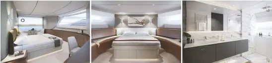  ??  ?? L E F T: The design team considered adding a set of doors forward in the master suite but were concerend about seaworthin­ess M I D D L E : The second VIP stateroom on the lower deck R I G H T: Real stone is used throughout the bathrooms