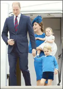  ?? AFP ?? Prince William, Prince George, Catherine, Duchess of Cambridge and Princess Charlotte arrive in Victoria, British Columbia Saturday. The prince and his wife first visited Canada five years ago. This time they will take in the natural beauty of Canada’s...