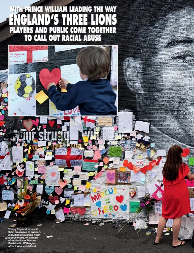  ??  ?? Young England fans add their messages of support, including a touching heart (above inset), on a mural of football star Marcus Rashford in Withington after it was vandalised