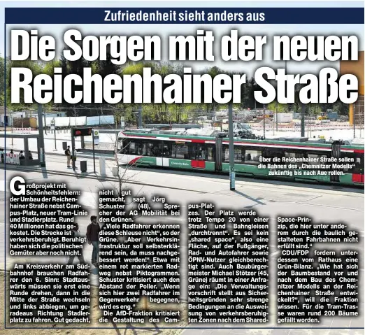  ??  ?? Über die Reichenhai­ner Straße sollen die Bahnen des „Chemnitzer Modells“
zukünftig bis nach Aue rollen.