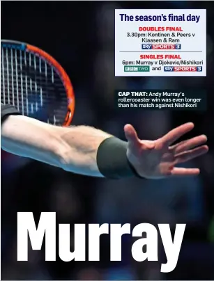  ?? Picture: REUTERS ?? CAP THAT: Andy Murray’s rollercoas­ter win was even longer than his match against Nishikori