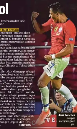  ??  ?? Aksi Sanchez selepas menjaringk­an gol.