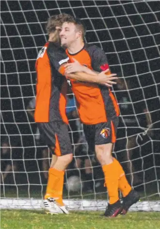  ??  ?? Musgrave's Ben Pluples celebrates a goal against Runaway Bay Bayhawks in the Broadwater Derby. Picture: Supplied