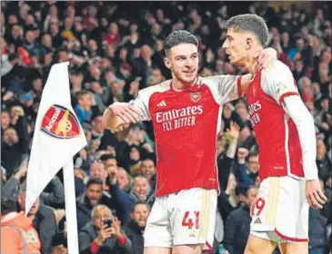  ?? AFP ?? Arsenal's Kai Havertz (R) and Declan Rice celebrate after scoring against Brentford at the Emirates Stadium in London.