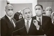  ?? Yonathan Sindel / Pool /AFP via Getty Images ?? Israeli Prime Minister Benjamin Netanyahu accused police, prosecutor­s, judges and media of conspiring against him on the first day of his trial.