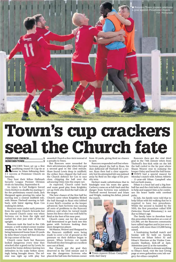  ?? FJA Photograph­y ?? Town mascot Ethan Campbell with dad Gary Runcorn Town players celebrate a goal against Penistone Church