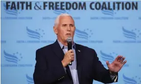  ?? Photograph: Scott Olson/Getty Images ?? Mike Pence speaks at the Iowa Faith & Freedom Coalition Spring Kick-Off in Clive, Iowa.
