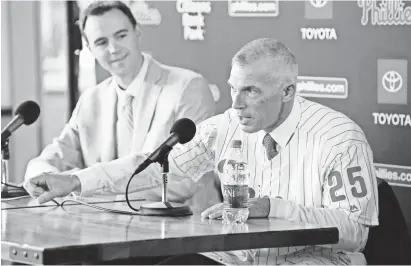  ?? BILL STREICHER/USA TODAY SPORTS ?? Phillies general manager Matt Klentak and manager Joe Girardi talk to the media Oct. 28.