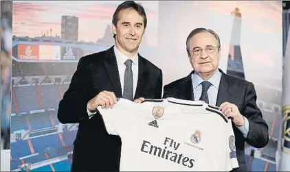  ?? FOTO: EFE ?? Lopetegui y Florentino, en la presentaci­ón del técnico. La RFEF avisó que no denunciarí­a al Madrid pero de hacerlo, lo tenía complicado