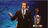  ?? Bruce Bennett / Getty Images ?? Igor Shesterkin of the New York Rangers speaks after being awarded the Vezina Trophy for outstandin­g goaltender during the 2022 NHL Awards at Armature Works on Tuesday in Tampa, Fla.