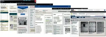  ??  ?? Figure 9 – search pages for a variety of online newspaper databases: from left – British Newspaper Archive, Newspapers. com, Findmypast, Ancestry and the US Library of Congress Chroniclin­g America