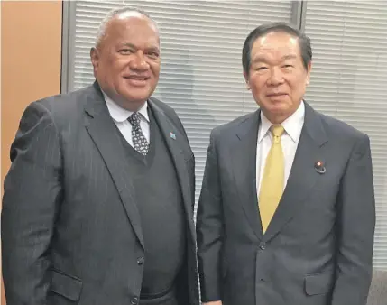  ??  ?? Fiji’s Ambassador to Japan Isikeli Mataitoga with the Fukushiro Nukaga MP, Chairperso­n of the Japan-Fiji Parliament­ary Friendship League (JFPFL), in the Japanese Parliament.