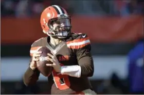  ?? DAVID RICHARD — ASSOCIATED PRESS ?? Baker Mayfield looks to pass during a 28-16 win over the Falcons.