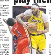  ?? Getty Images ?? FOUL PLAY:The Pelicans’ Herbert Jones (5) is called for a foul against the Lakers’ Anthony Davis during a 110-106 Lakers win Tuesday.
