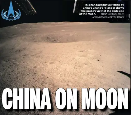  ?? — CHINA NATIONAL SPACE ADMINISTRA­TION/GETTY IMAGES ?? This handout picture taken by China’s Chang’e-4 lander shows the probe’s view of the dark side of the moon.