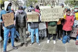  ?? Picture: LULAMILE FENI ?? PROTEST: Men and women marched and picketed in front of the Mthatha magistrate’s court, calling for bail to be denied to Avumile Mbuyiseli Nodongwe, who is accused of killing his former girlfriend, Noloyiso Gengqa, at Mandleni Junior Secondary School at Xuni village near Mthatha on August 24.