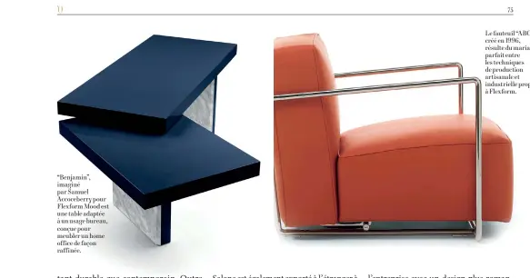  ??  ?? “Benjamin”, imaginé par Samuel Accoceberr­y pour Flexform Mood est une table adaptée à un usage bureau, conçue pour meubler un home office de façon raffinée.
Le fauteuil “ABC”, créé en 1996, résulte du mariage parfait entre les techniques de production artisanale et industriel­le propre à Flexform.