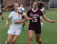  ?? AUSTIN HERTZOG - DIGITAL FIRST MEDIA ?? Perkiomen Valley’s Madison Reehl (8) and Pottsgrove’s Becca Delp (15) battle for a loose ball Tuesday.