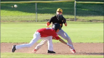  ?? PHOTOS BY MIKE BUSH/NEWS-SENTINEL ?? Above: Cardinals' baserunner Jose Hinojosa rushes back to second base in an attempt to beat the throw to Pirates shortstop Angelo Zazzarino in the Lodi National League Babe Ruth title game at Kofu Park on Monday. Below: Pirates pitcher Logan Stout went...