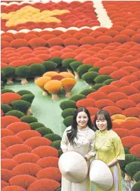  ?? — AFP photos ?? Tourists pose in front of incense sticks arranged in the form of a Vietnamese map and flag in a courtyard in the village of Quang Phu Cau on the outskirts of Hanoi.