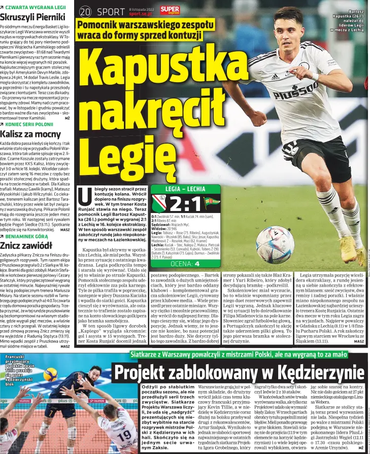  ?? ?? Francuski przyjmujac­y Projektu Kevin Tillie przebija sie przez kedzierzyn­ski blok 0:1
2:1 Sedziował: Widzów: Legia:
Lechia: 1:1
Bartosz Kapustka ( 26 l.) nalezał do liderów Legii w meczu z Lechia