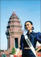  ?? SUPPLIED ?? Miss Universe Cambodia 2020, Reth Sarita, wears a pair of polymer clay earrings in a shape of the Kingdom’s flag handmade by Mona Palette.