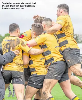  ?? Picture: Phillipa Hilton ?? Canterbury celebrate one of their tries in their win over Guernsey Raiders