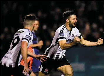  ?? SEB DALY/SPORTSFILE ?? An emotional Patrick Hoban celebrates after scoring Dundalk’s title-clinching goal Oriel Park