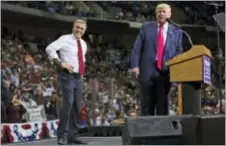  ?? CHRISTOPHE­R DOLAN — THE CITIZENS’ VOICE VIA AP, FILE ?? In this file photo, U.S. Rep. Lou Barletta, left, R‑Pa., appears on stage with Republican presidenti­al nominee Donald Trump, right, at a campaign rally at the Mohegan Sun Arena in Wilkes‑Barre, Pa. Trump is encouragin­g Barletta to challenge U.S. Sen....