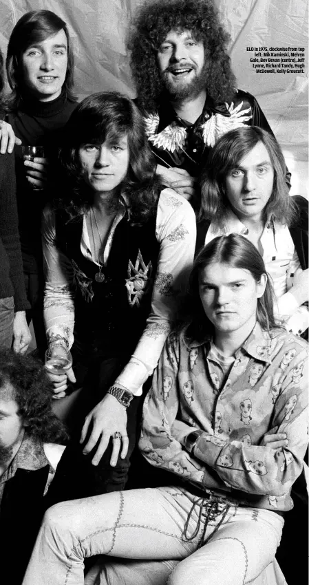  ??  ?? ELO IN 1975, CLOCKWISE FROM TOPLEFT: MIK KAMINSKI, MELVYN GALE, BEV BEVAN (CENTRE), JEFF LYNNE, RICHARD TANDY, HUGHMCDOWE­LL, KELLY GROUCUTT.