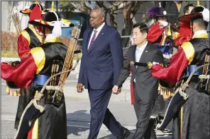  ?? (AP/Kyodo News/Song Kyung-Seok) ?? U.S. Secretary of Defense Lloyd Austin (center, left) and South Korean Defense Minister Shin Wonsik (center, right) attend a welcome ceremony before their defense minister meeting of the South Korea-United Nations Command (UNC) Member nations at the Defense Ministry in Seoul, South Korea, on Tuesday.