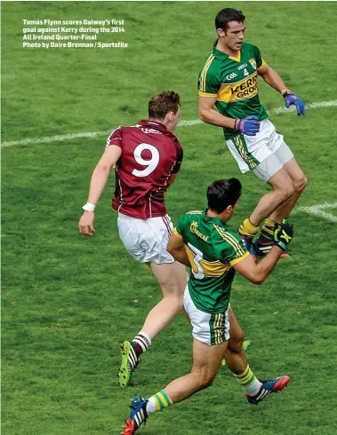  ??  ?? Tomás Flynn scores Galway’s first goal against Kerry during the 2014 All Ireland Quarter-Final Photo by Daire Brennan / Sportsfile