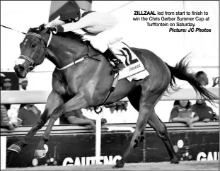  ??  ?? ZILLZAAL led from start to finish to win the Chris Gerber Summer Cup at Turffontei­n on Saturday. Picture: JC Photos