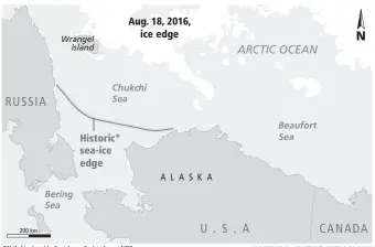  ?? ADAPTED FROM SEATTLE TIMES/TNS GRAPHIC ?? *Wall of ice found by Capt. James Cook in August 1778 Source: Harry Stern, Institute of Oceanograp­hy, University of Hamburg, Germany Above: Sea ice in the summer of 2016, compared with the moreextens­ive ice encountere­d by Capt. James Cook’s expedition...