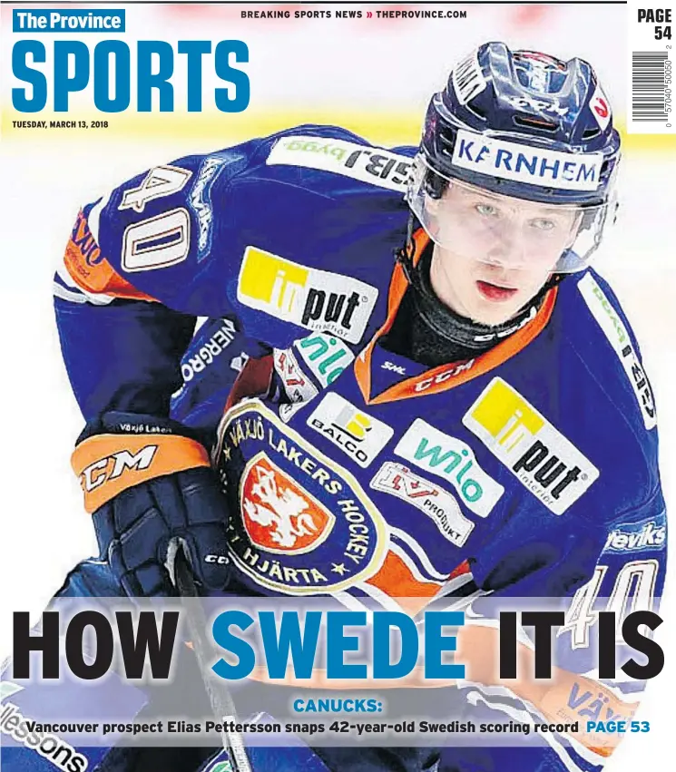  ?? — VAXJO LAKERS/SHL.SE ?? Elias Pettersson, Vaxjo Lakers forward and Canucks prospect, broke a 42-year-old Swedish Hockey League scoring record for U-20 players this past week.