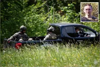  ?? (Photos AFP et DR) ?? La dangerosit­é de Valentin Marcone (en médaillon) – en raison de son armement – a contraint le GIGN à s’équiper lourdement pour le traquer « sur un terrain extrêmemen­t » périlleux.