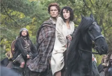  ??  ?? From left, Grant O’Rourke, Sam Heughan and Caitriona Balfe are part of the Starz TV series “Outlander,” nominated for a Golden Globe award for best television drama. Ed Miller, Sony Pictures Television