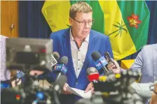  ?? LIAM RICHARDS ?? Saskatchew­an Premier Scott Moe spoke at the provincial cabinet office in Saskatoon on Friday. He said he had not yet read a declaratio­n released by four Alberta MPS this week.