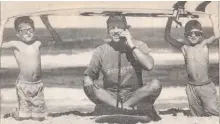  ??  ?? Andy “Mac” McKinnon pictured at D-Bah in Tweed Heads and (above from left) as Queensland junior surf champion in 1970, phoning in his surf report on an old ”brick” and with surfing champion Mick Fanning.