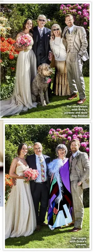  ??  ?? Taking a ride in the Rolls-royce Silver Spur II
The newlyweds with Ricky’s parents and their dog Reedus
The couple with Grace’s parents