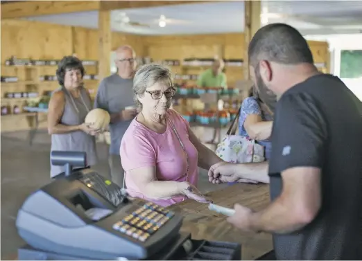  ??  ?? Jesse Jenkins checks out customers at his father’s orchard near Woodville, which is still old school: cash and checks accepted, but no credit cards.