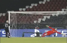  ?? ASSOCIATED PRESS ?? PSG’S NEYMAR (left) scores his side’s opening goal from penalty during the Champions League group H match between Paris Saint Germain and RB Leipzig at the Parc des Princes stadium in Paris on Tuesday.