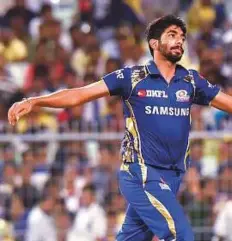  ?? PTI ?? Mumbai Indians’ pacer Jasprit Bumrah celebrates a wicket. The pacer played a crucial role in Indian’s victory over Kings XI Punjab and keep the defending champions hopes alive.