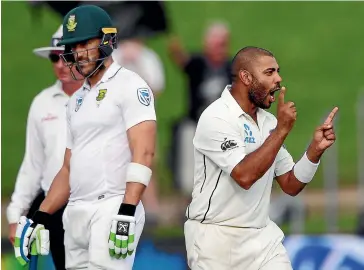  ?? PHOTOSPORT ?? Jeetan Patel celebrates a wicket against South Africa in March 2017, the last time New Zealand pitches were spin-friendly.