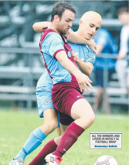  ?? Picture: RICHARD GOSLING ?? Coomera’s Michael Townsend does battle with Palm Beach’s Marley Arreola in Round 2 on Saturday. Wednesday’s Bulletin ALL THE WINNERS AND LOSERS IN WEEKLY GC FOOTBALL WRAP