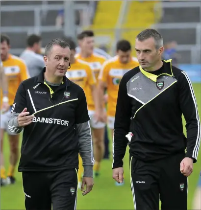  ??  ?? Sligo manager Niall Carew and selector Keith Carty following the Antrim win in Markievicz Park.